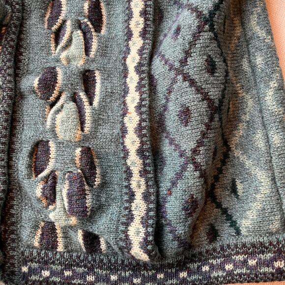 Bebhinn Marten Irish Wool Cardigan Sweater Green Blue Diamond Knit Made Ireland - Picture 8 of 13